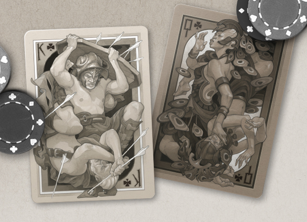 Reign of Sin and Rule of Virtue illustrated playing cards. art by Wylie Beckert