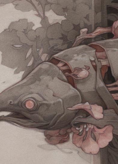 A spawning salmon transforms and decays as it swims in the water, becoming a zombie salmon full of blooming cherry blossoms. Art by Wylie Beckert, art by Wylie Beckert